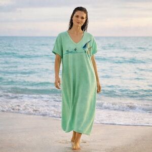 🌊 Vintage 80s Terry Cloth Mint Green Beach Maxi Cover-Up Tropical Fish Print L